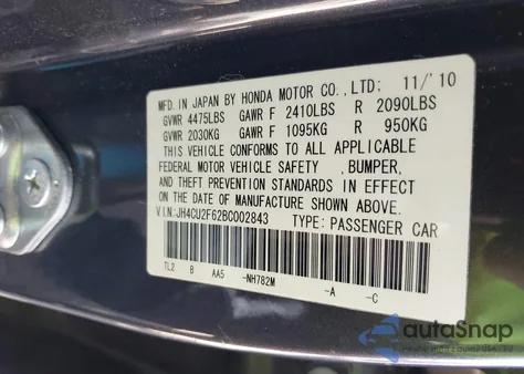 2011 Acura Tsx 2.4 from USA, damaged, VIN JH4CU2F62BC002843